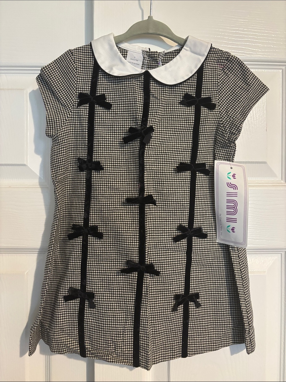 Girls Black & White Houndstooth Dress with White Peter Pan Collar